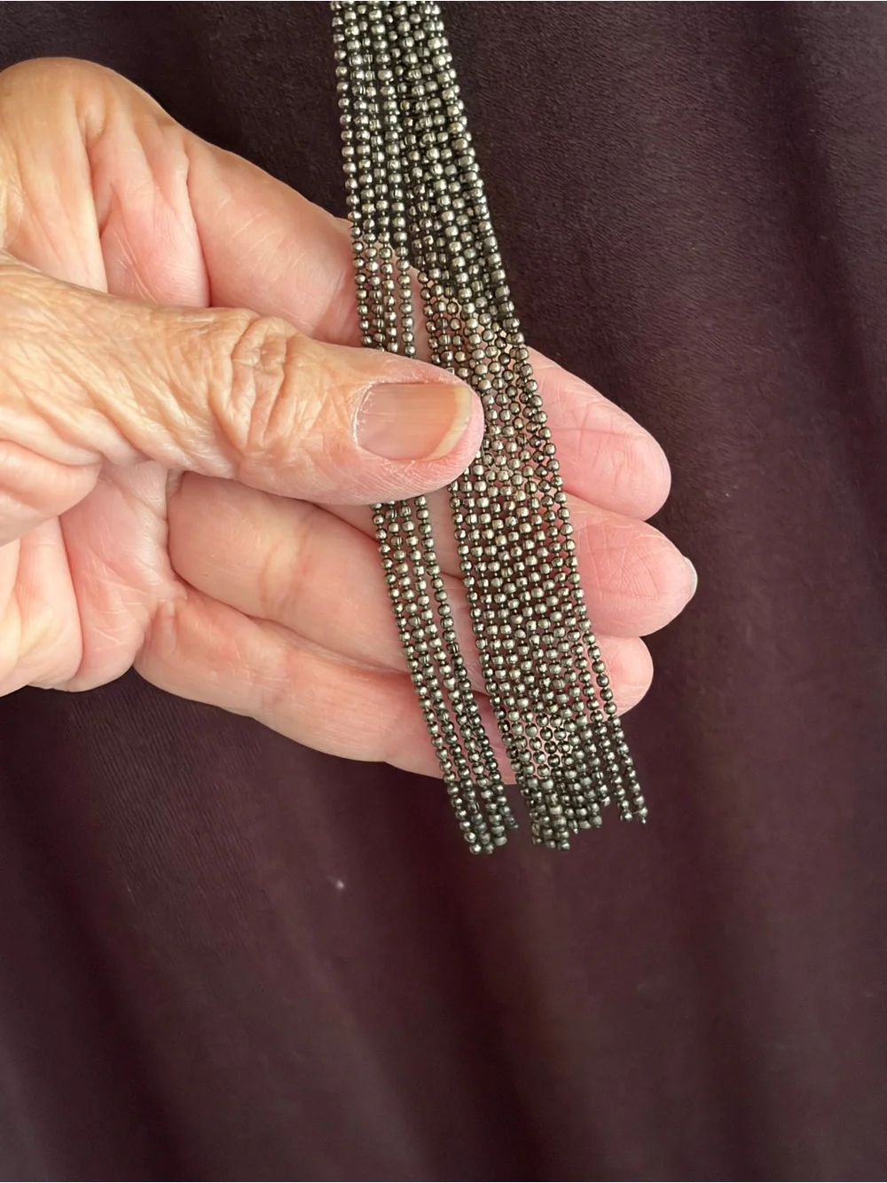Long Gunmetal Beaded Tassel Necklace Braided Tiny Bead Statement 32”